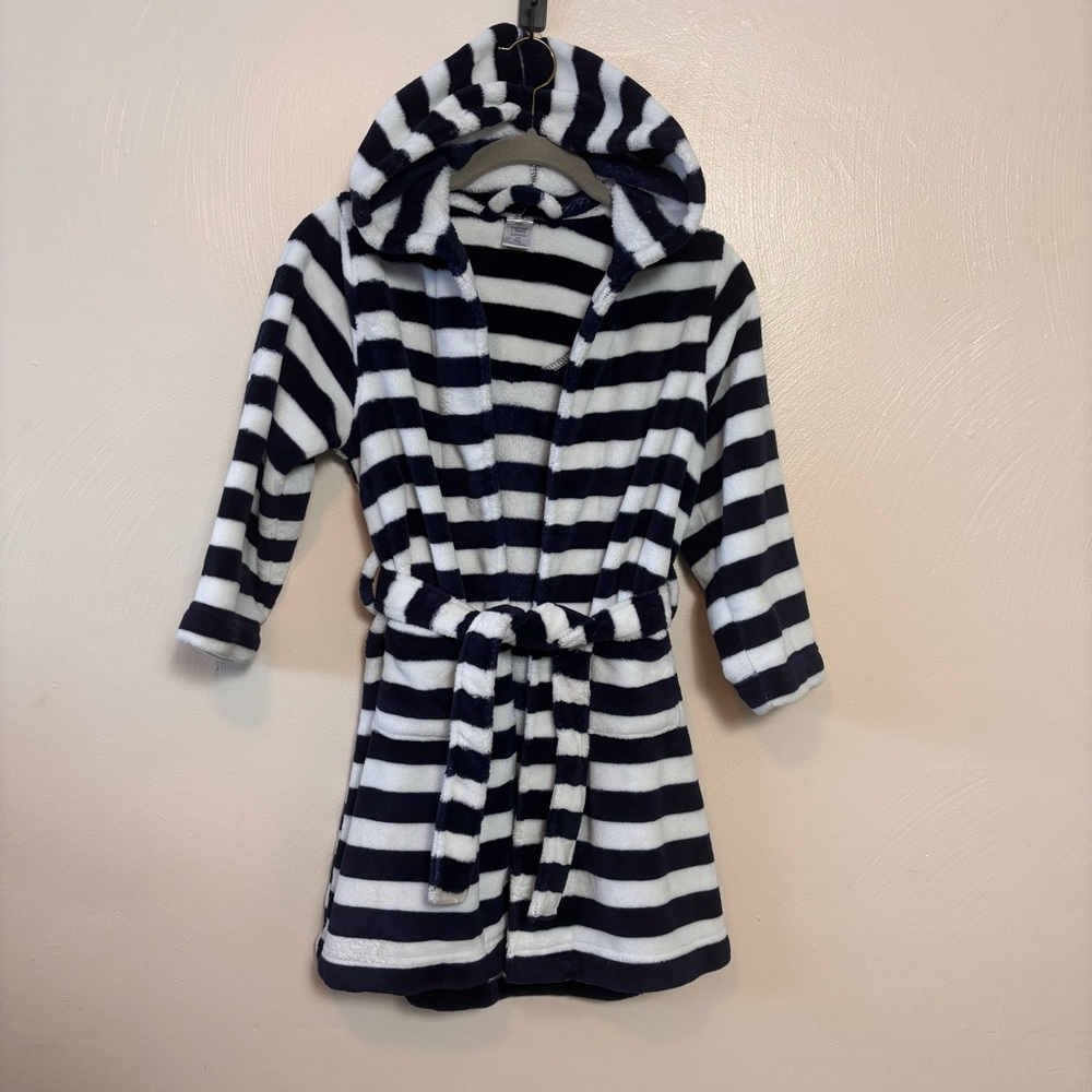 Tucker Tate Boys Kids Robe Hooded Belt Pockets Plush Stripe White Blue Size 5/6